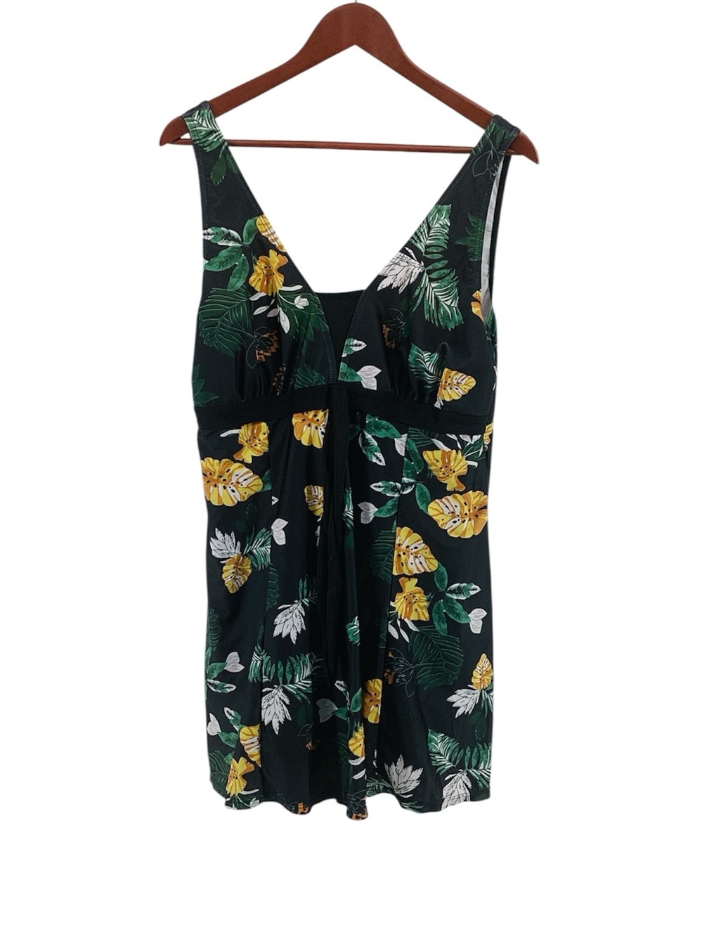 🍄 Black Tropical Floral V-Neck Swim Dress, Size 2XL